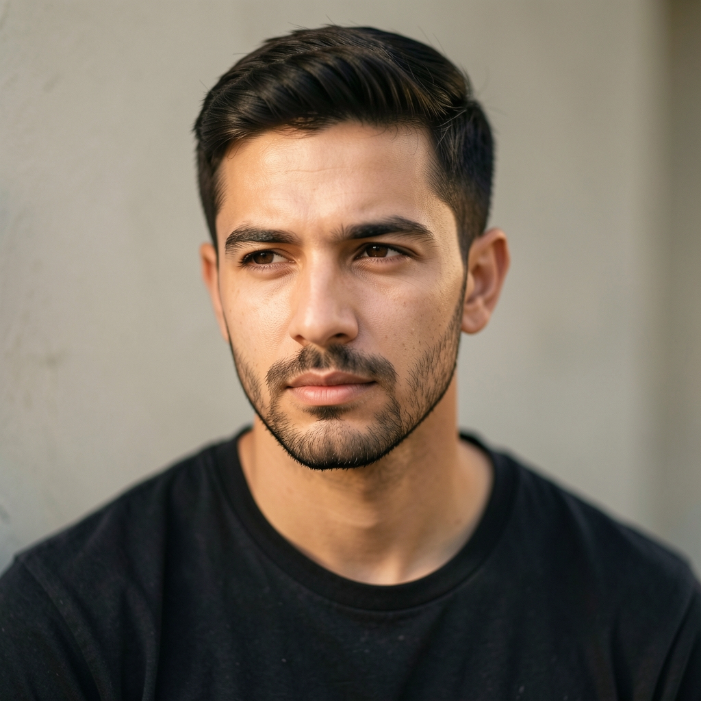 Male editorial portrait in soft natural side-light, thoughtful expression, casual dark clothing against neutral wall, editorial composition