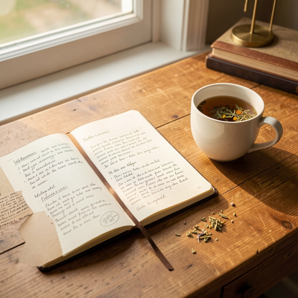 Open wellness journal with handwritten notes beside a cup of herbal tea on a wooden desk in warm window light, editorial still-life composition