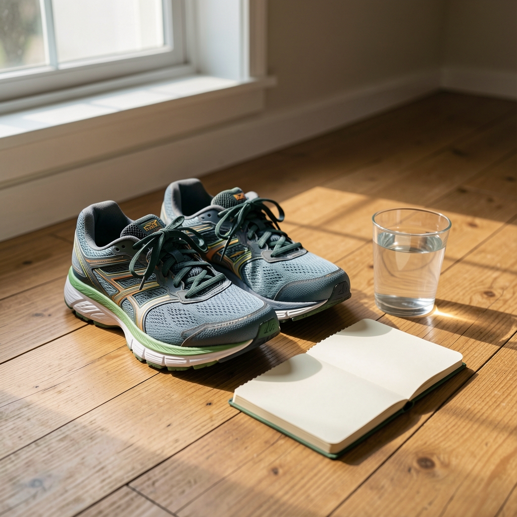 Running shoes and a small notebook open on a wooden floor beside a glass of water, morning light through a window, minimal editorial composition