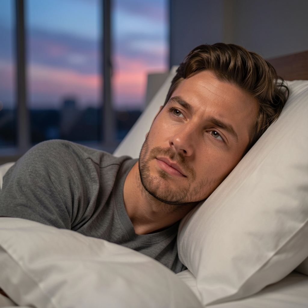 Man lying awake in bed at dusk, bedroom window showing evening sky, thoughtful expression, editorial portrait