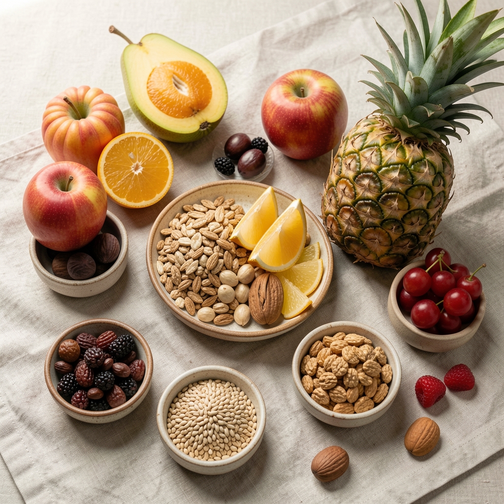 Tropical fruits, seeds and whole foods arranged on pale linen cloth with small ceramic dishes, editorial flat lay in natural daylight
