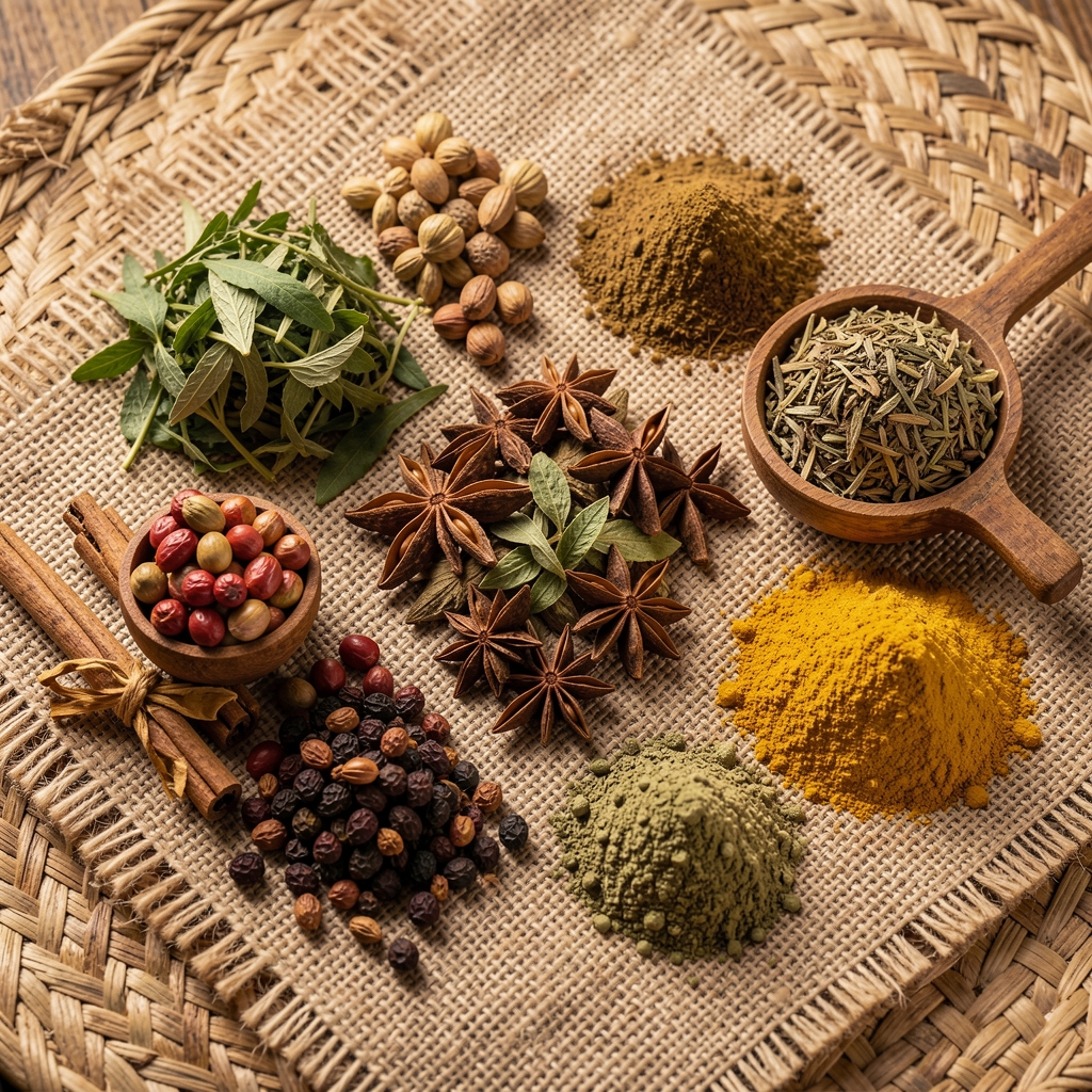 Selection of traditional Malaysian herbs and spices arranged on woven cloth, editorial overhead composition