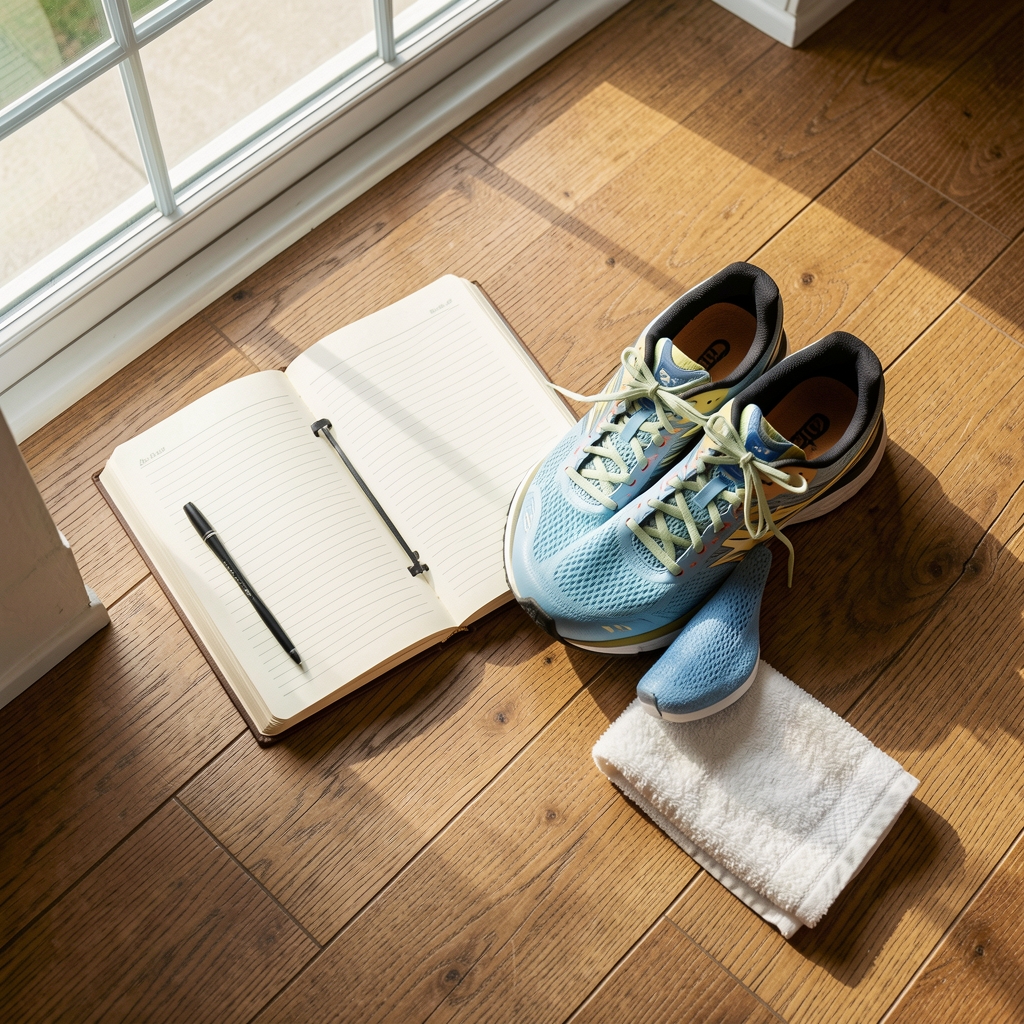 Running shoes beside an open notebook and a small towel on a wooden floor, morning light from a window, editorial flat lay composition