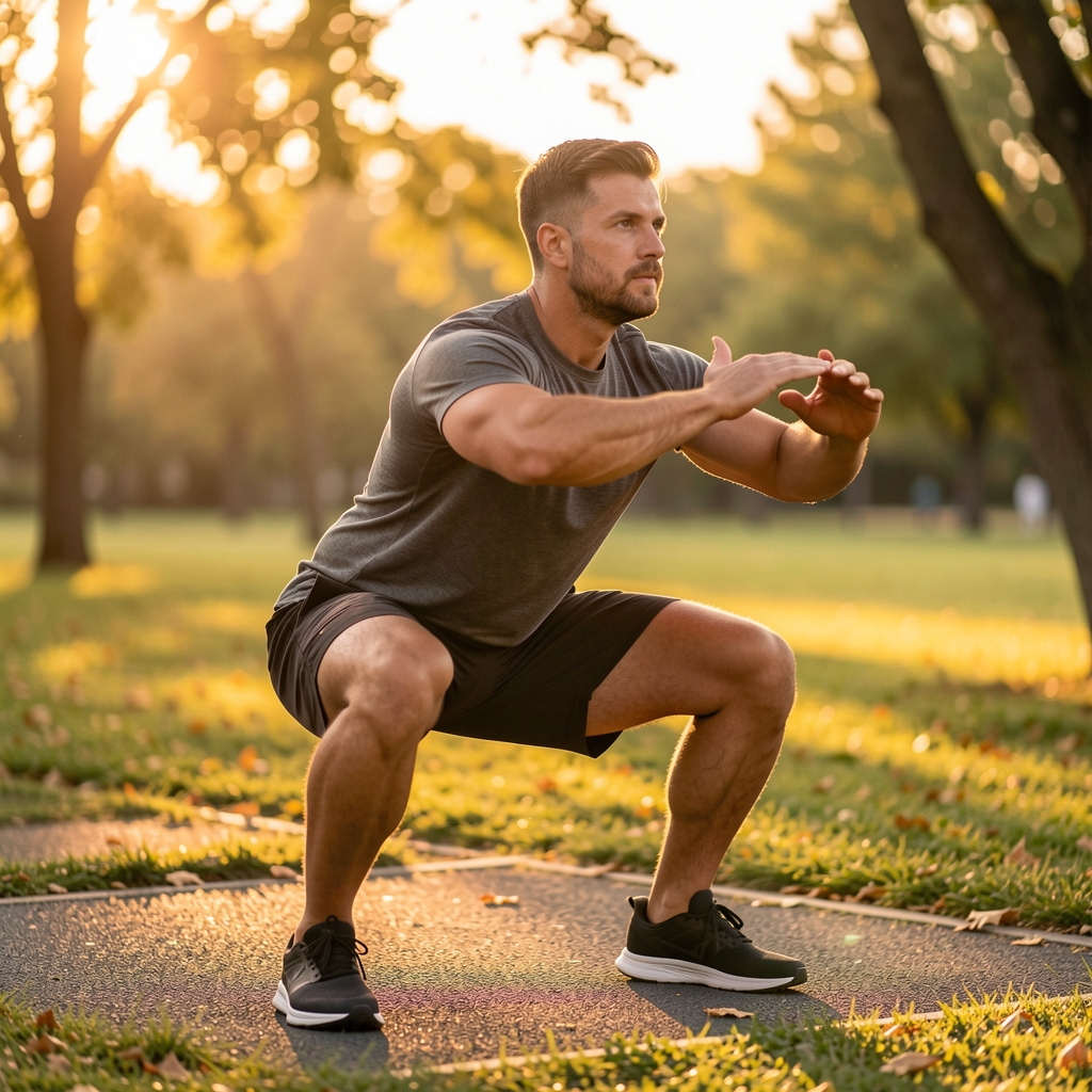 Man performing bodyweight squats in an outdoor park at sunrise, athletic wear, editorial natural light