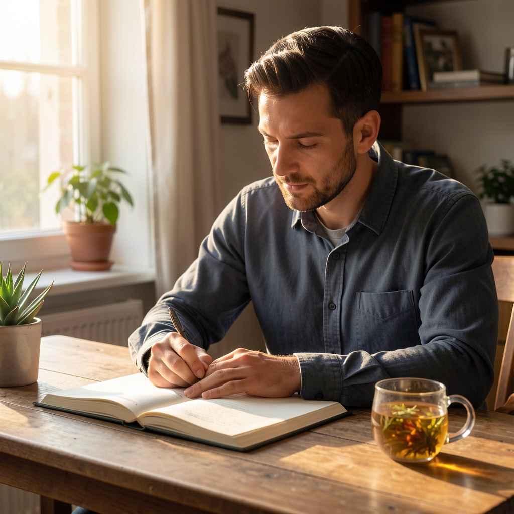 Man journalling at a wooden desk in early morning light, open notebook and herbal tea beside him, editorial composition
