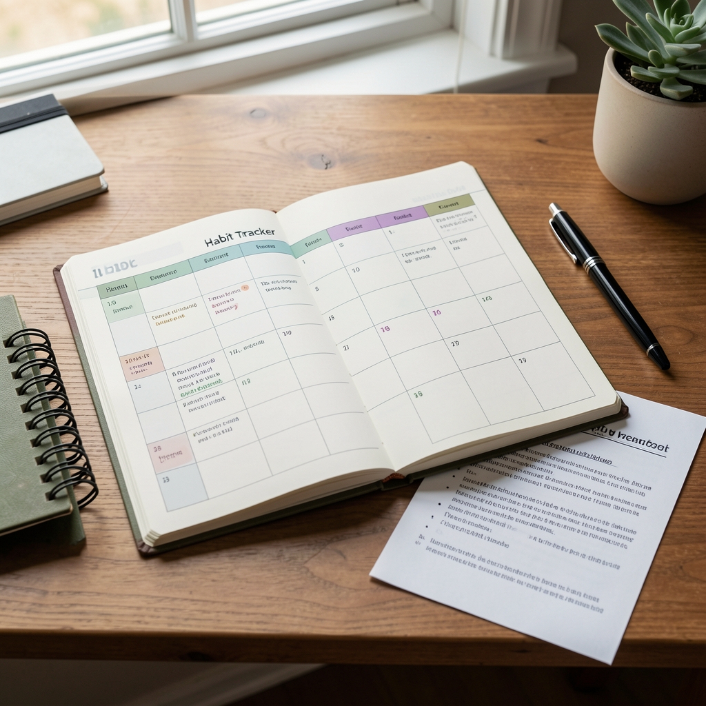 Habit tracker open on a wooden desk with a pen and printed wellness research notes in natural window light, editorial flat-lay composition
